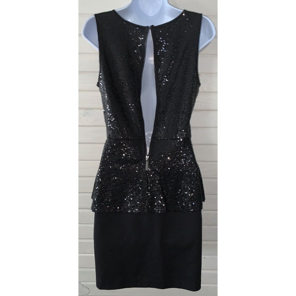 KENSIE Sz MEDIUM Black Sequined Mixed Media Peplum Dress Sleeveless Women's EUC - Picture 7 of 10